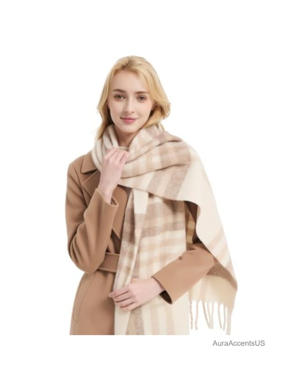 Merino Wool Blend Oversized Plaid Scarf Tassels Winter Wrap
